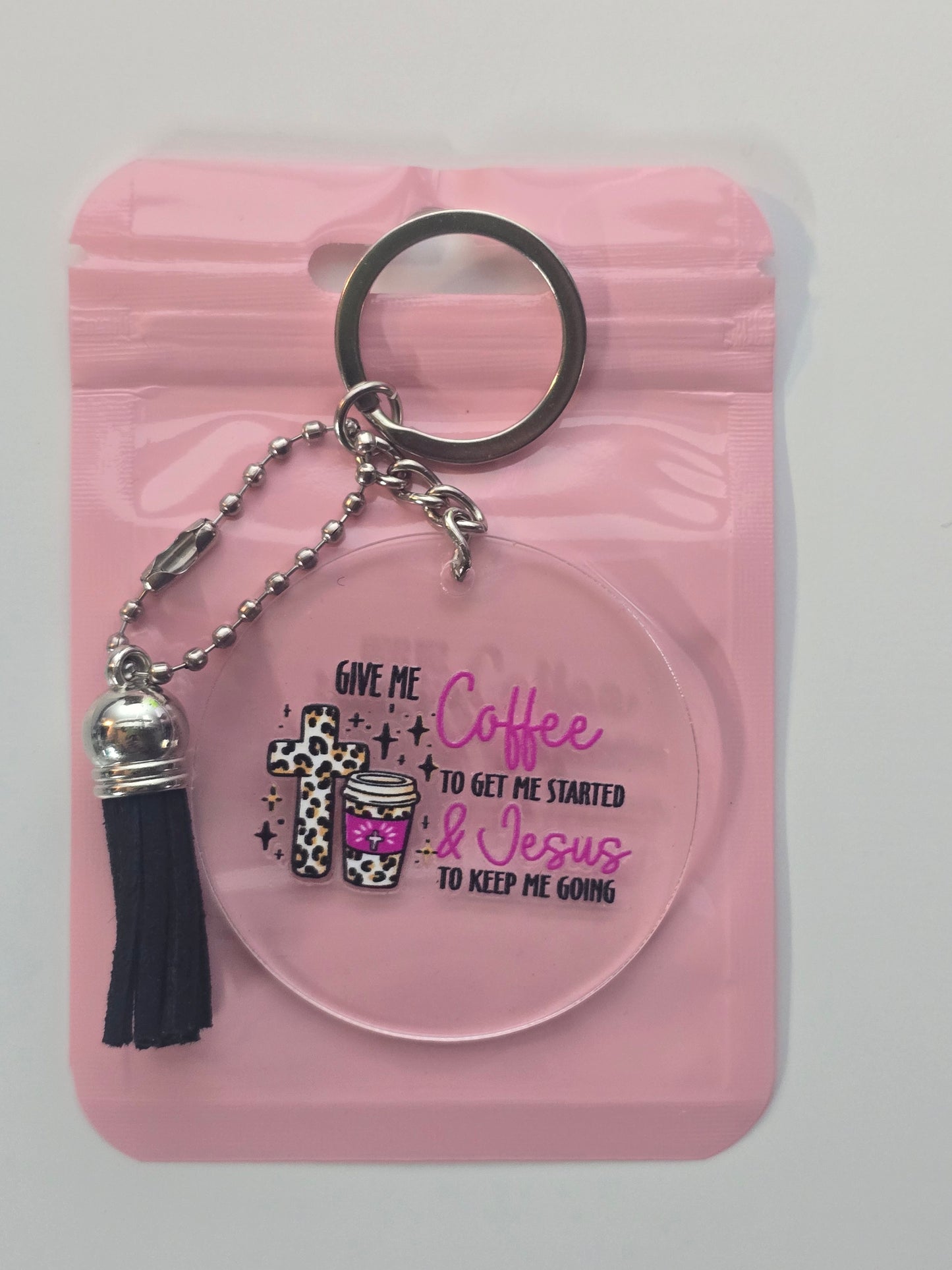 Give Me Coffee To Get Me Started & Jesus To Keep Me Going Keychain (black & white)