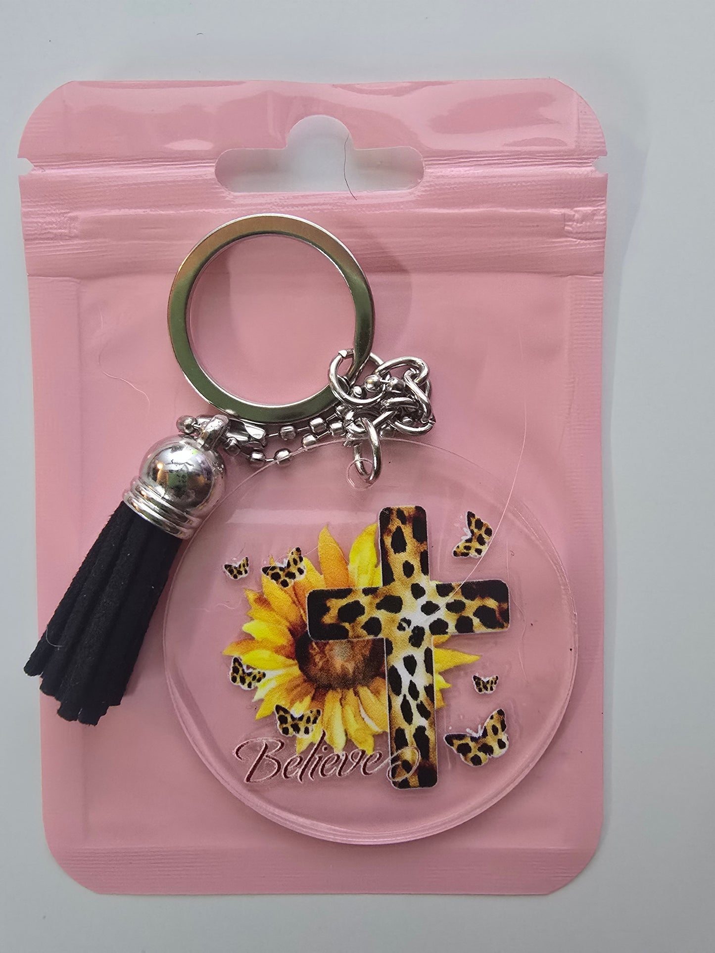 Believe With Sunflower & Cross Keychain