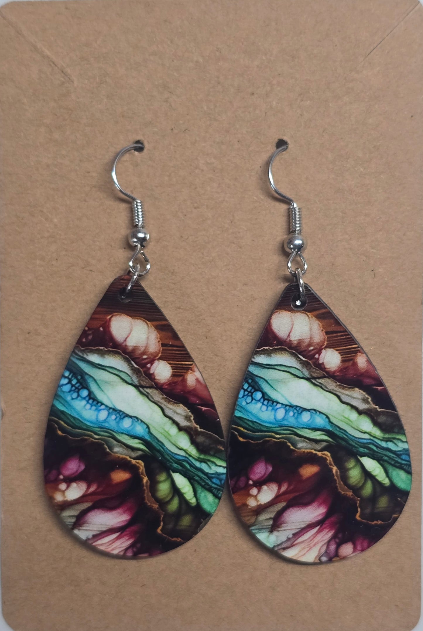 Fluid Art Burgundy, Turquoise & Teal Earrings