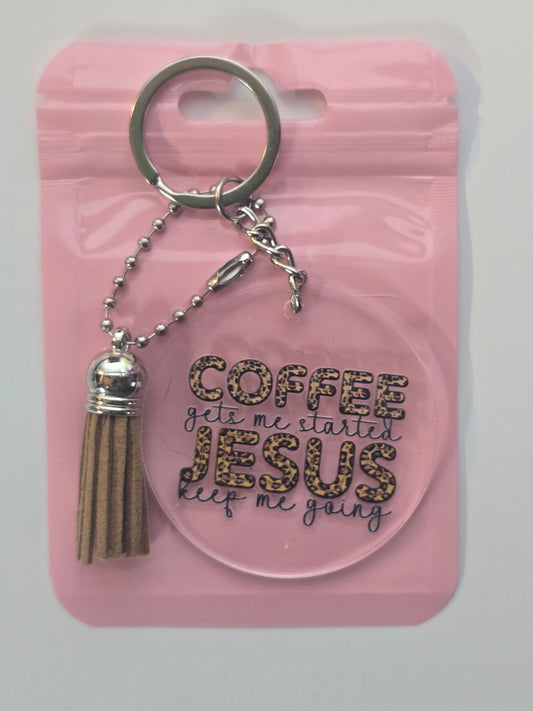 Coffee Gets Me Started Jesus Keeps Me Going Keychain (black & brown)