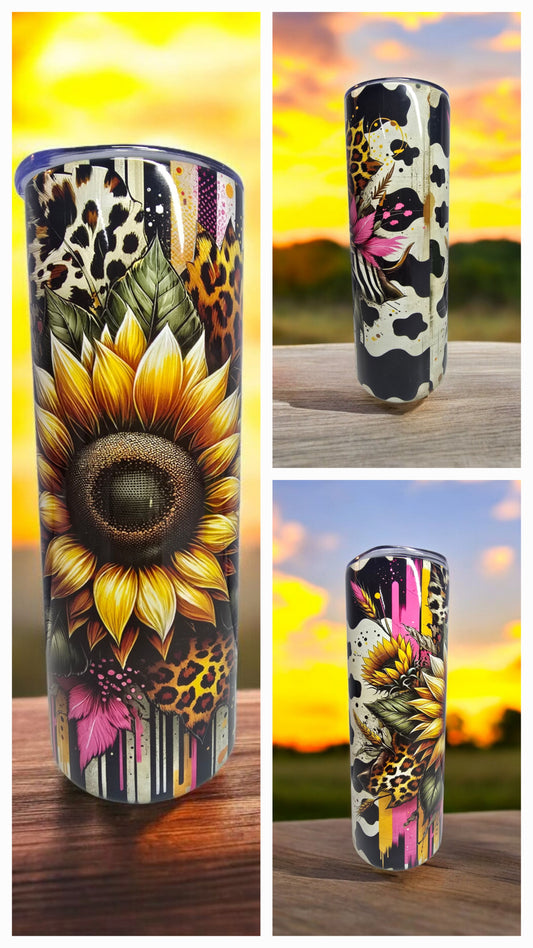 Sunflower with Black & White Catprint - 20oz Tumbler