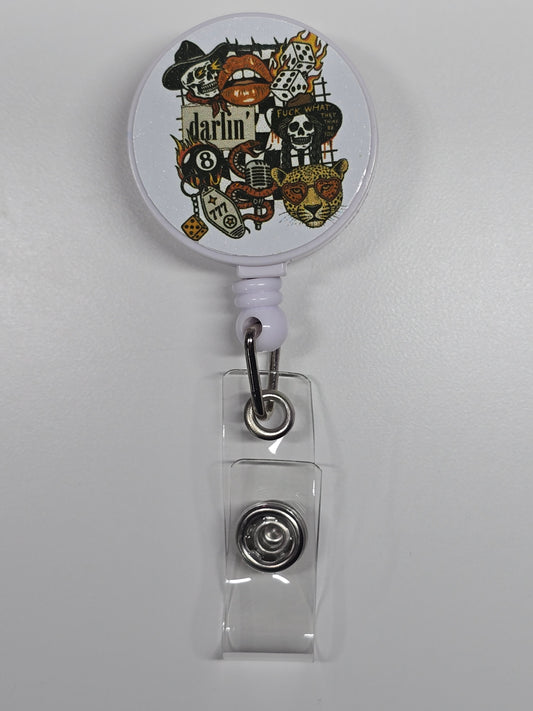 Skeletons, Dice, Lips, 8 Ball, Darlin' Retractable Badge Reel